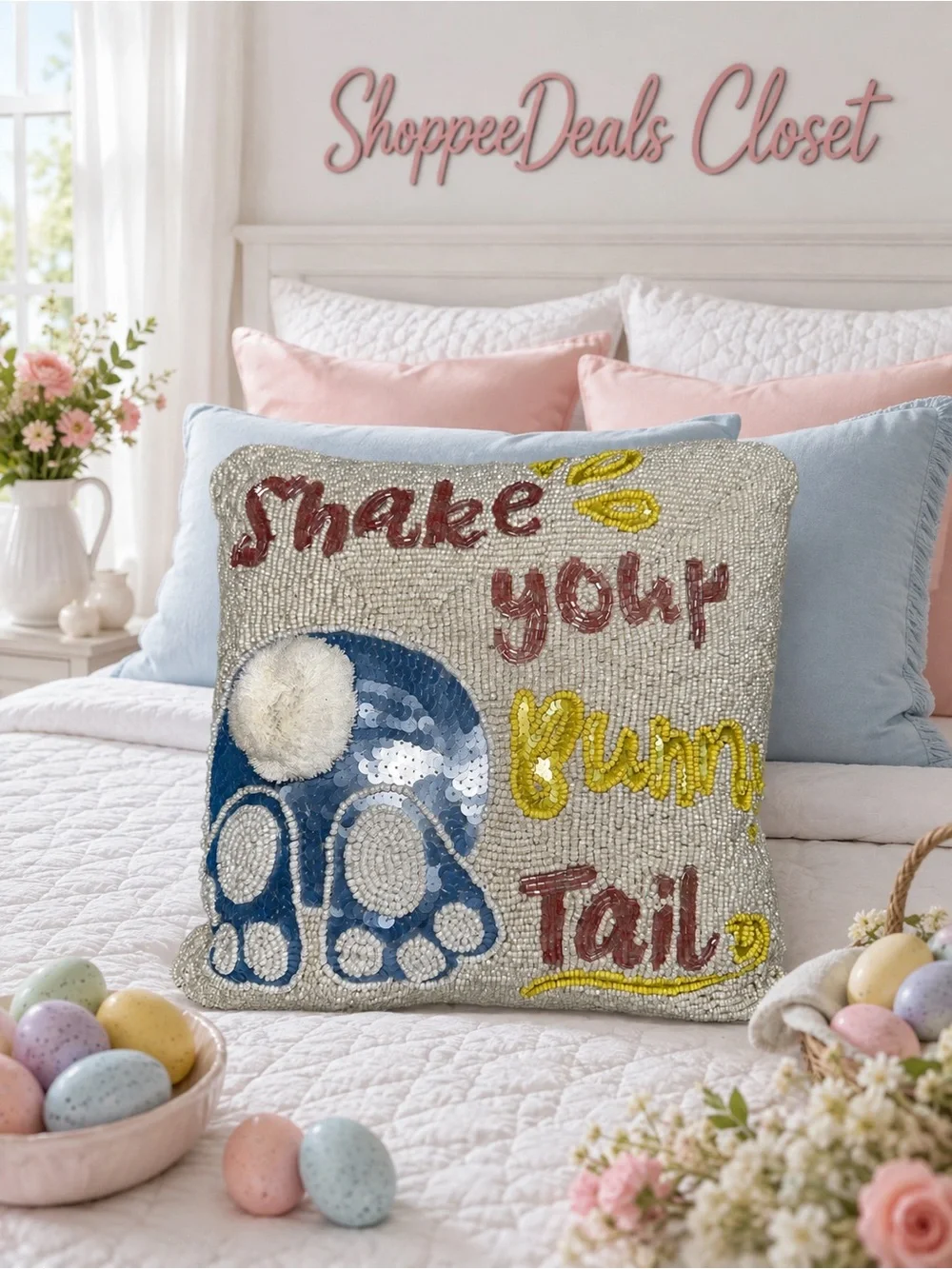 Beaded “Shake Your Bunny Tail” Easter Throw Pillow – DIY Project